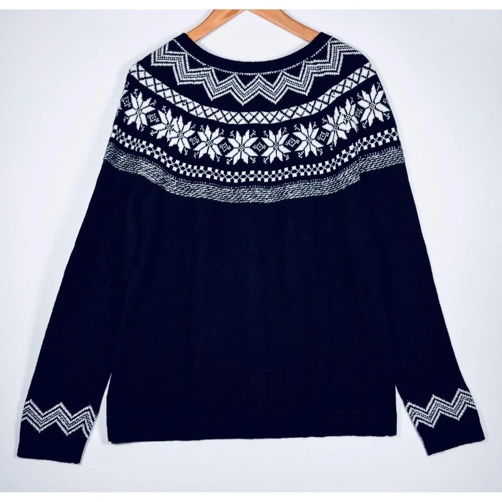 Talbots Cardigan Sweater Womens Large Black White Fair Isle Nordic Button Front‎